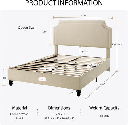 sha cerlin queen chenille upholstered platform bed frame shown in use