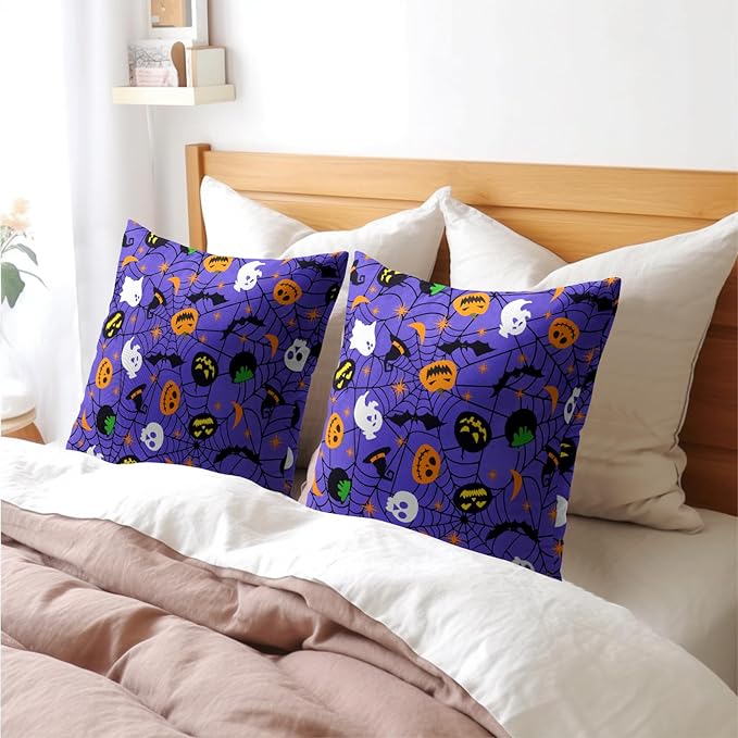 Halloween Purple Throw Pillow Covers 22x22 inch Set of 2 Humour Pumpkins Ghost - Image 8