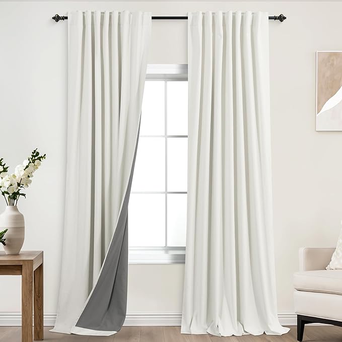 KOUFALL 105 Inch Linen Blackout Curtains, Ivory Back Tab Boho Drapes by KOUFALL