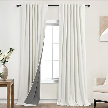 KOUFALL 105 Inch Linen Blackout Curtains, Ivory Back Tab Boho Drapes by KOUFALL