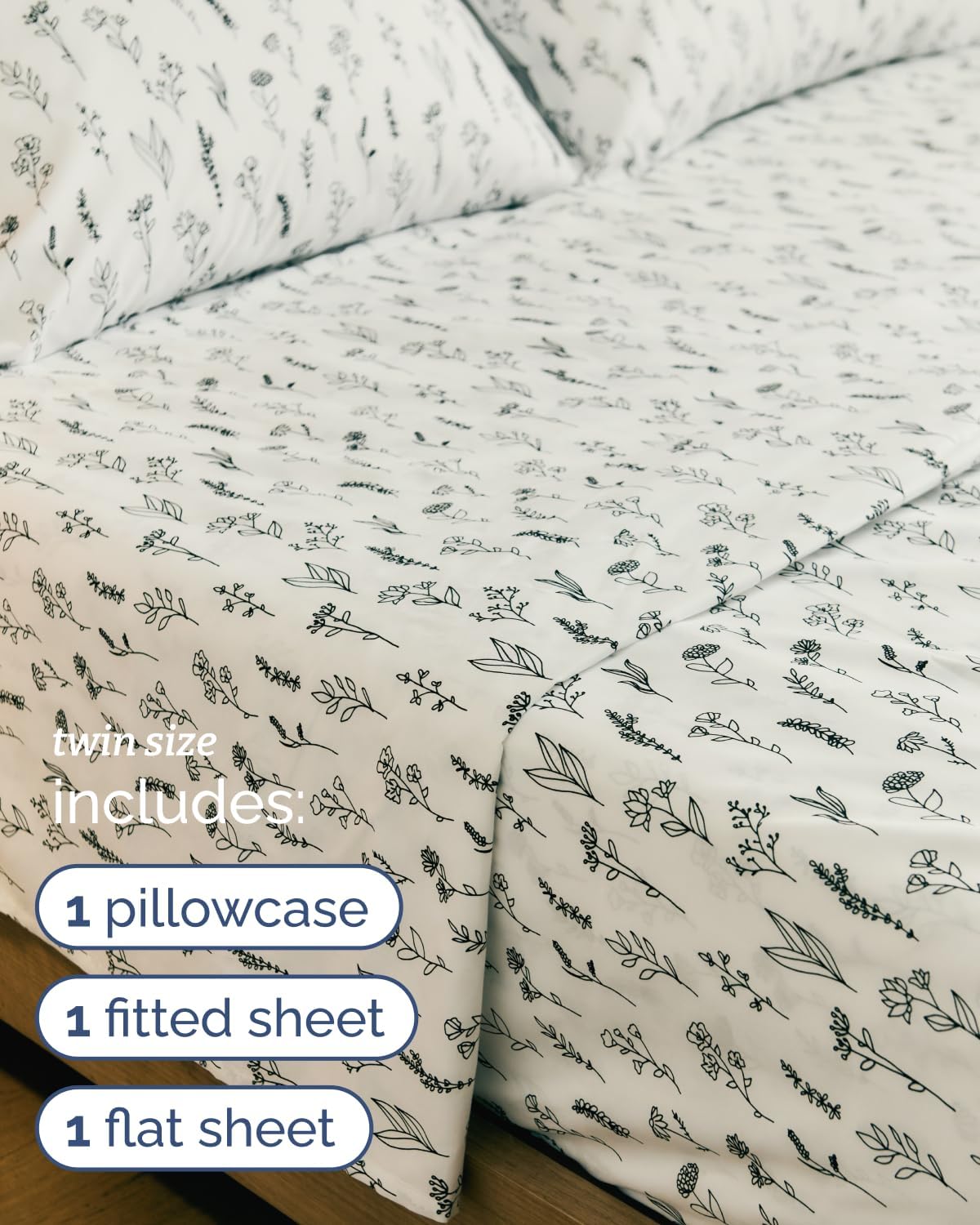 twin 3 piece boho botanical floral sheet set, side view