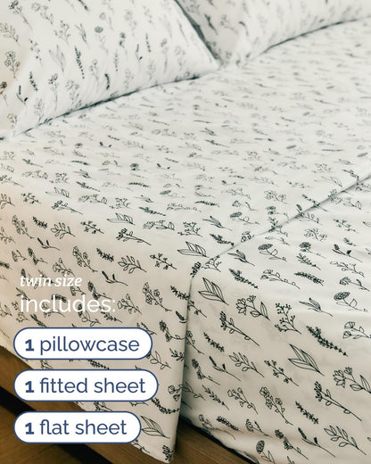twin 3 piece boho botanical floral sheet set, side view