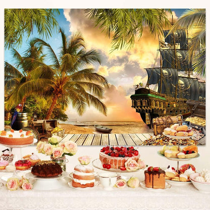10X8ft Pirate Theme Photo Backdrop Photography Background, Pirate Ship Treasure Chest Map Gun Halloween Trunk or Treat Backdrops Photo Booth Prop Decorations Wall Decor Tablecloth