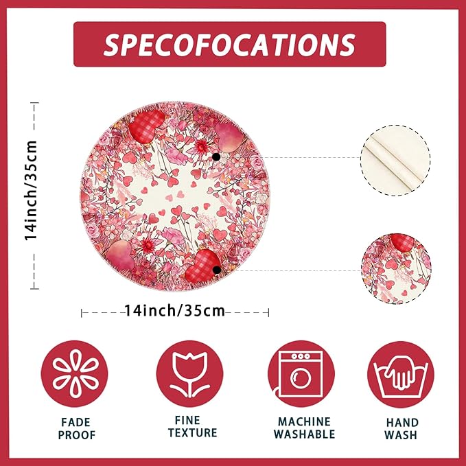 XCHI Wild Flowers Love Hearts Valentine’s Day Round Placemats Set of 4 Table - Image 5