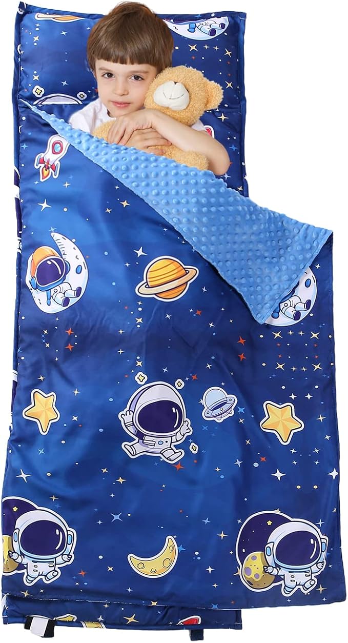 Toddler Nap Mat with Removable Pillow and Minky Blanket, Soft Rolled Napping - Image 4