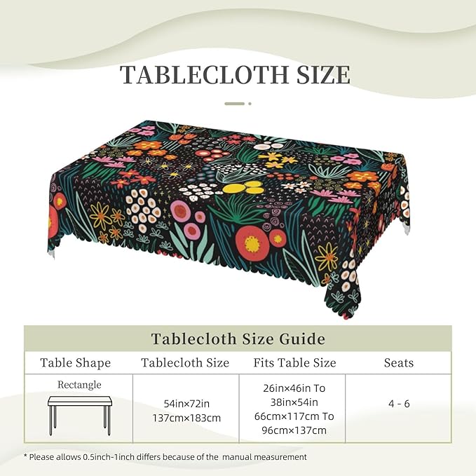 Colorful Flowers Tablecloth Floral Flower Field Black Meadow Herbs Leaves Table - Image 3