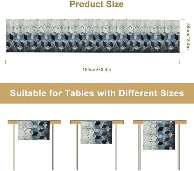 Geometric Blue Marble Table Runner Abstract Hexagon Pattern Texture Table Runner - Image 2