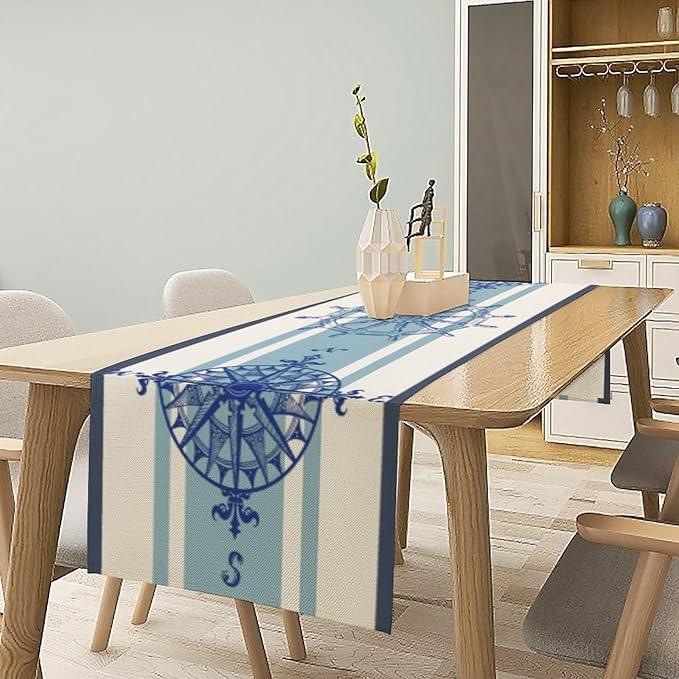 Nautical Compass Table Runner Vintage Navy Blue Striped Coastal Compass Spring - Image 2