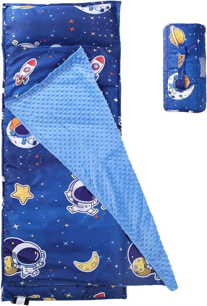 Toddler Nap Mat with Removable Pillow and Minky Blanket, Soft Rolled Napping by NapCure