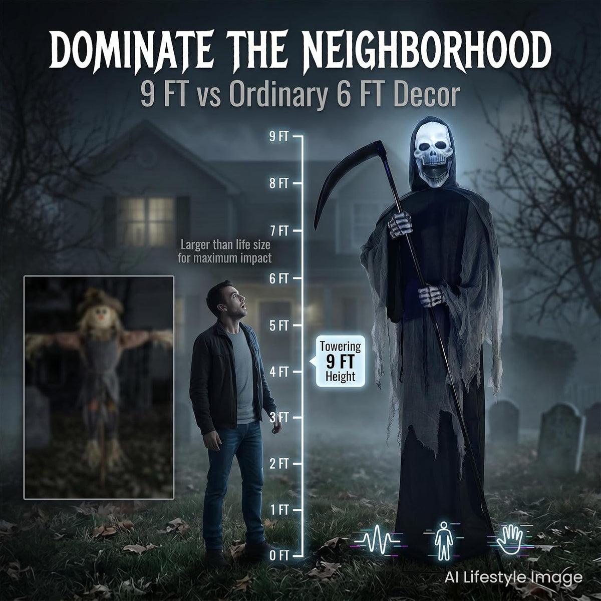 9FT Animated Grim Reaper Halloween Decoration - Sound Activated Halloween Animatronic Outdoor with Movement, Creepy Sounds and Light-Up Head, Giant Scary Reaper Prop, for Yard Porch Haunted House