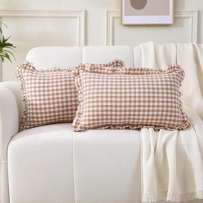 2 Pack Taupe Plaid Ruffle Gingham Lumbar Throw Pillow Shams, 100% Washed Cotton by KMASANIJI