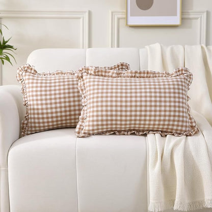 2 Pack Taupe Plaid Ruffle Gingham Lumbar Throw Pillow Shams, 100% Washed Cotton by KMASANIJI