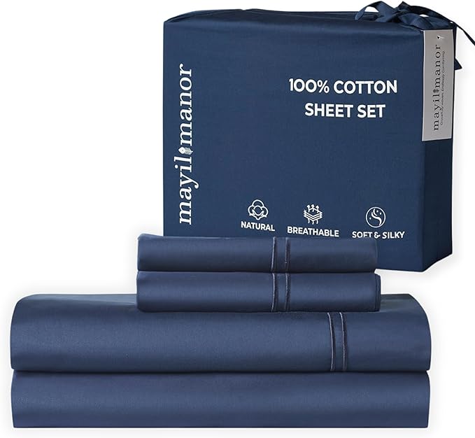 100% Natural Cotton Sheets Queen Size Bed Set | 500 TC Single-Ply Sateen Weave by MayilManor