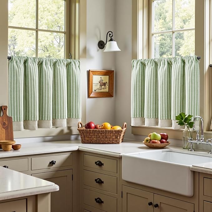 jinchan Double Layer Striped Linen Kitchen Tier Curtain Rustic Cafe - Image 4