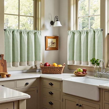 jinchan Double Layer Striped Linen Kitchen Tier Curtain Rustic Cafe - Image 4