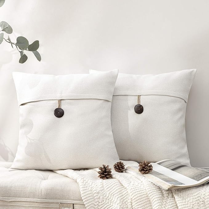 Phantoscope Pack of 2 Farmhouse Throw Pillow Covers Button Vintage Linen by Phantoscope