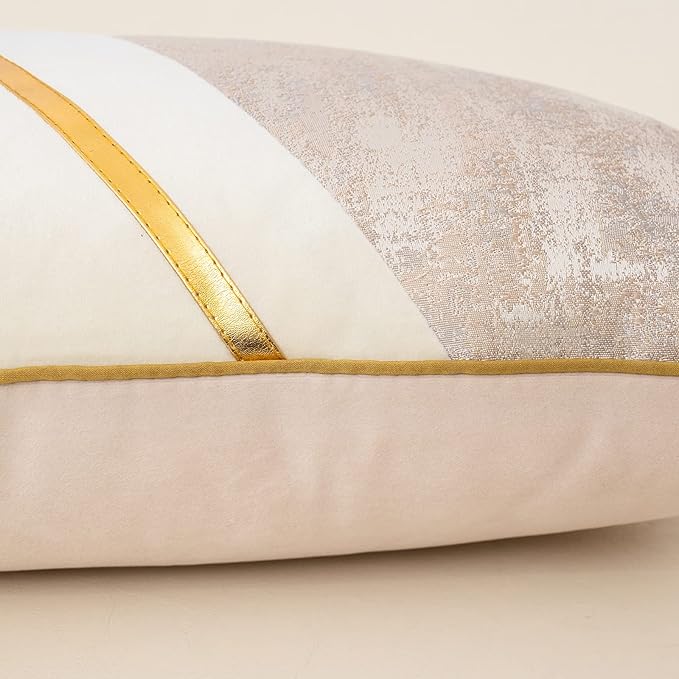 Alerfa 18 x 18 Inch Off White Beige Gold Leather Patchwork Velvet & Polyester - Image 5