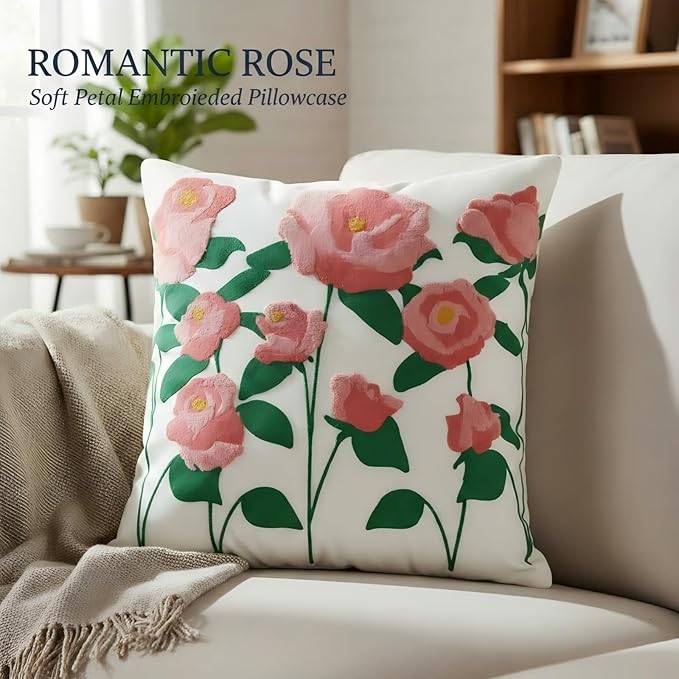 18x18 Embroidered Throw Pillow Cover – Pink Rose Cotton Decorative Cushion Cover - Image 5