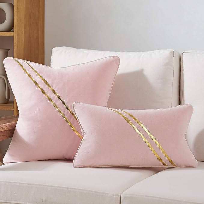 Avigers 20 x 20 Inch Pink Gold Leather Striped Lines Velvet Cushion Case Luxury - Image 6