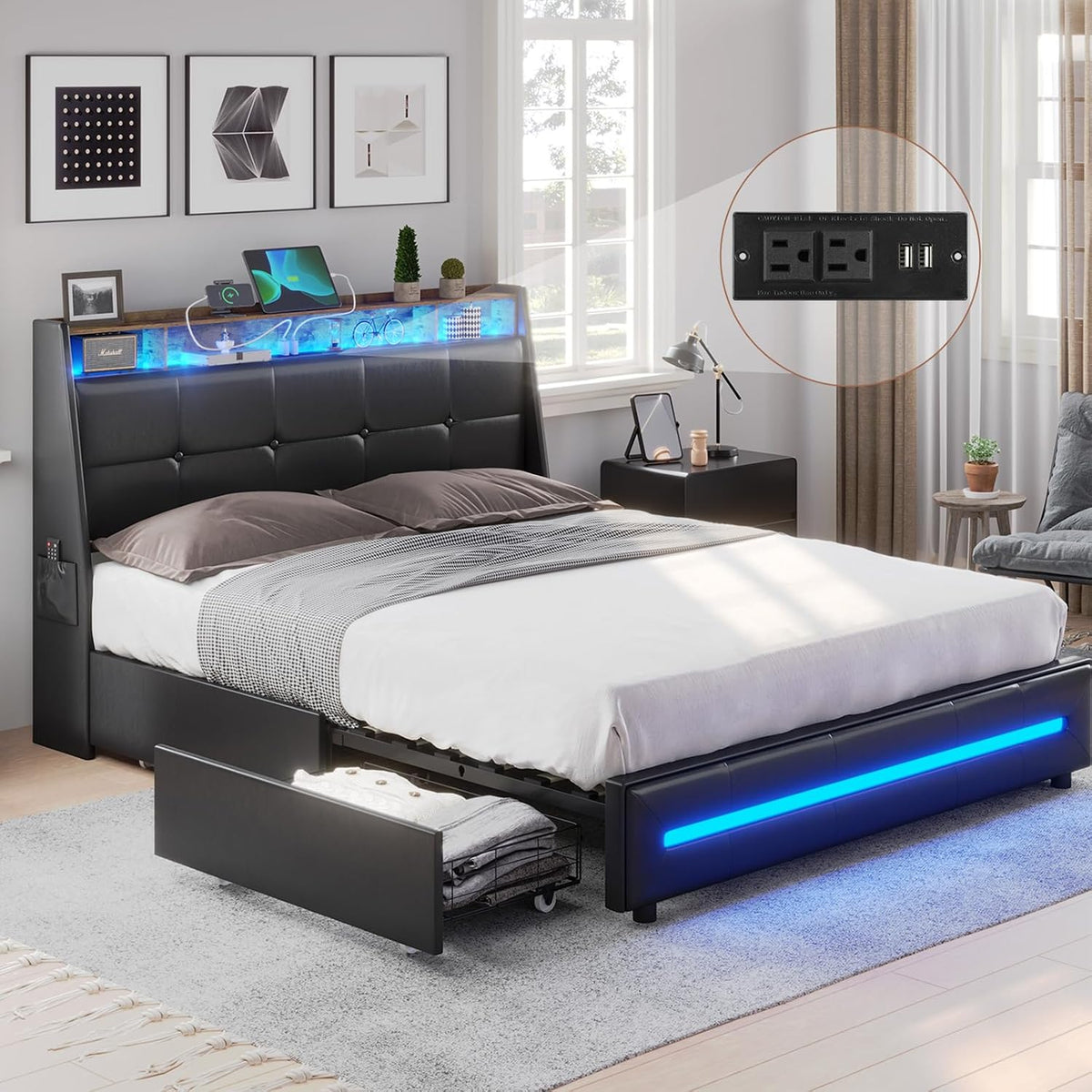 full size bed frame with led lights and, main product view