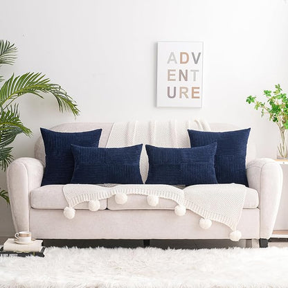 HWY 50 Navy Blue Corduroy Patchwork Throw Pillow Covers 20x20 Inch, Soft Cozy - Image 5