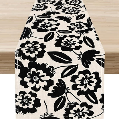 Dark Floral Table Runner, Abstract White Flower Seasonal Coffee Table Center by Unknown