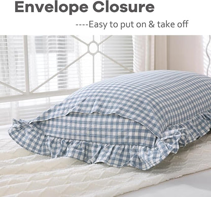 2 Pack Dusty Blue Plaid Ruffle Gingham King Size Pillow Shams, 100% Yarn-Dyed - Image 4