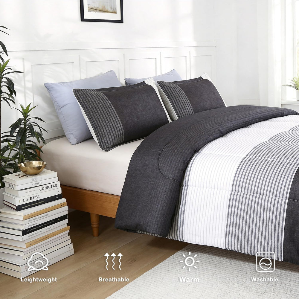 PERFEMET Black Twin Comforter Set, 3 Pieces Striped Pattern Bedding Set Mascu...