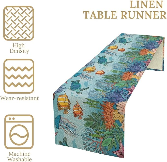Coastal Table Runner, Ocean Nautical Coral Starfish Seashell Sea Turtle Table - Image 4