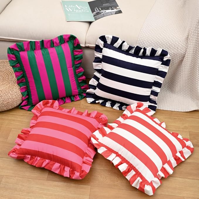 vctops Ruffle Square Throw Pillow Covers Boho Navy and White Striped Decorative - Image 6