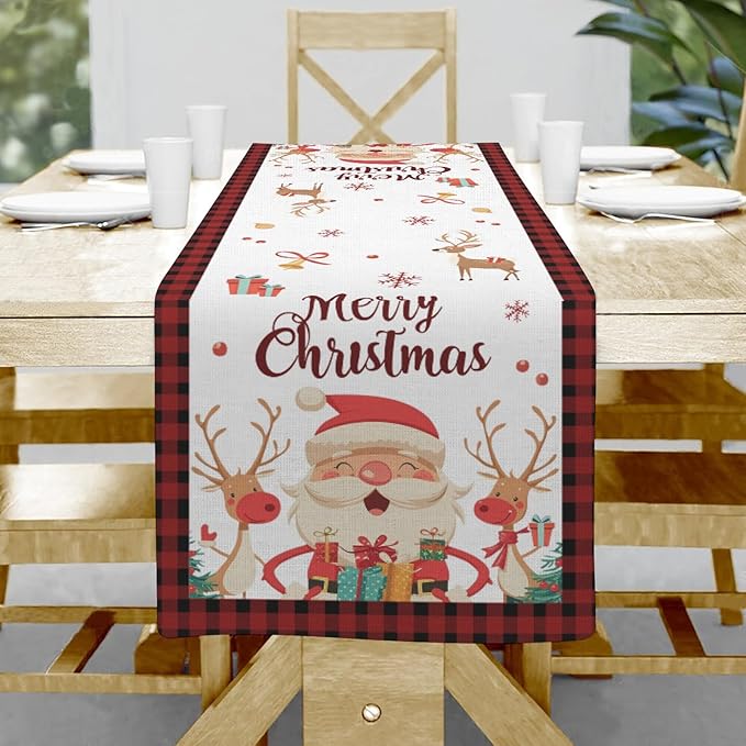 Christmas Table Runner, Merry Christmas Santa Claus Linen Table Runner by Hliyty