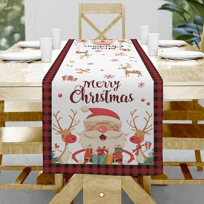 Christmas Table Runner, Merry Christmas Santa Claus Linen Table Runner by Hliyty