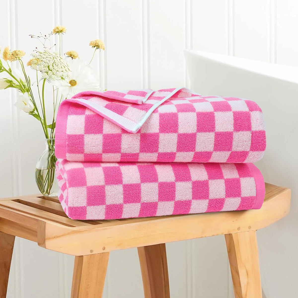 jacquotha hot-pink checkered cotton bath towels set of shown in use