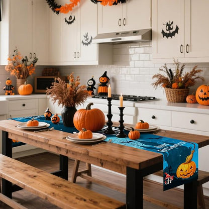 Happy Halloween Table Runner Blue Haunted House Ghost Witch Spider Web Bats - Image 2