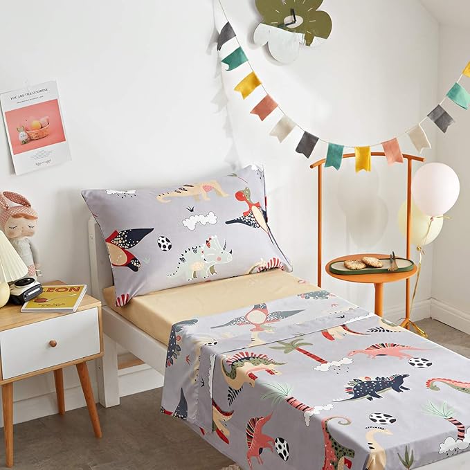 UOZZI BEDDING 4 Piece Gray Dinosaurs Toddler Bedding Set - Image 6