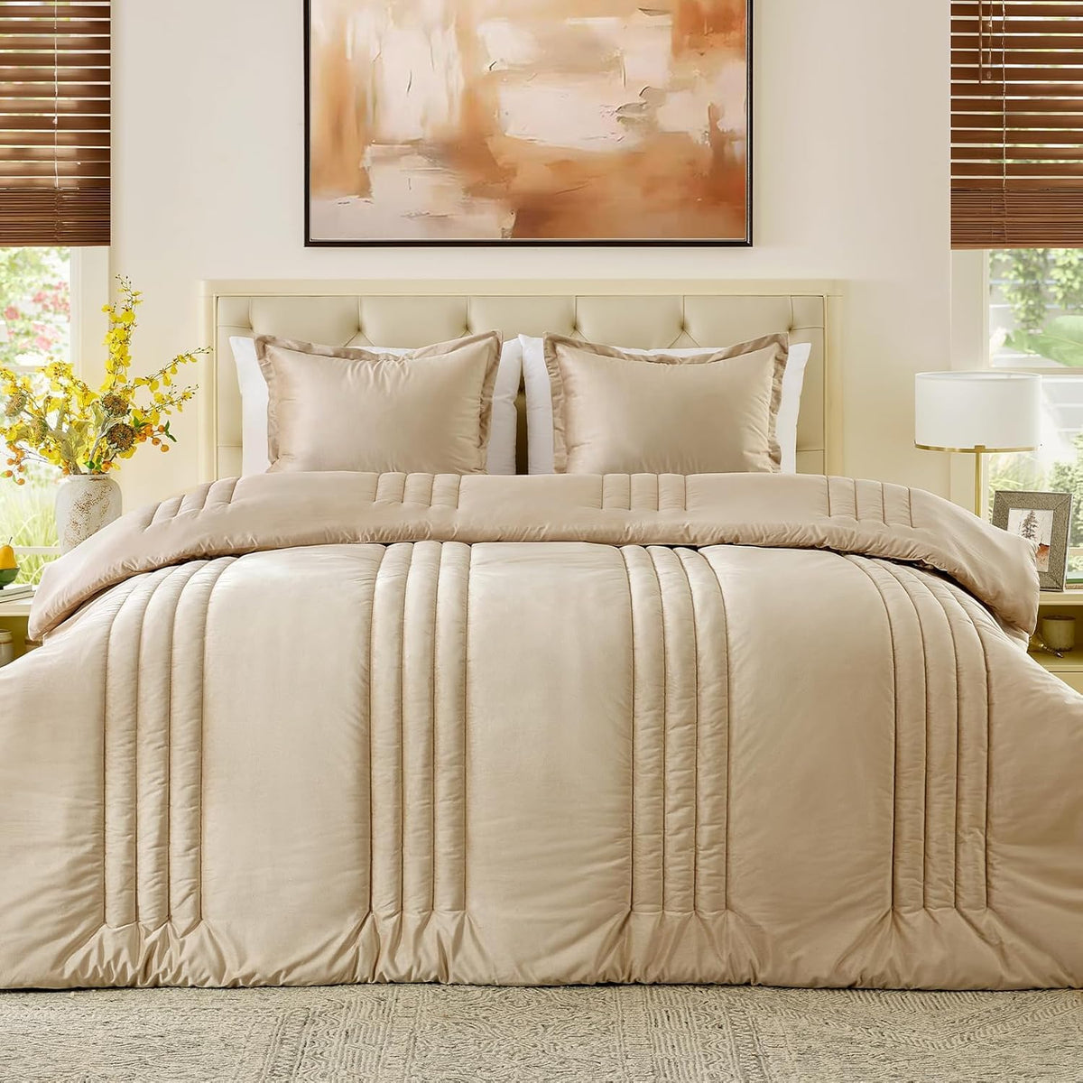 luxury champagne beige velvet cal king size bed, main product view