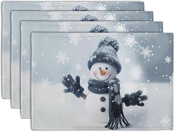 Snowman Placemats Set of 4, 12x18 Inch Winter Cute Blue Snowman Snowflake Table by Wnoesat