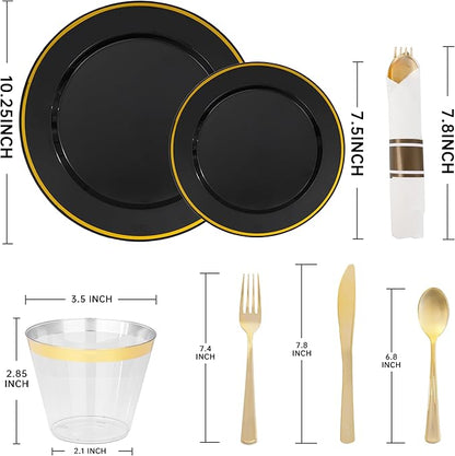 SUT 175 Pcs Black and Gold Plastic Dinnerware Set for 25 Guests, Include: 25 Dinner Plates, 25 Dessert Plates, 25 Pre Rolled Napkins With Silverware, 25 Cups, Disposable Plates for Halloween, Party