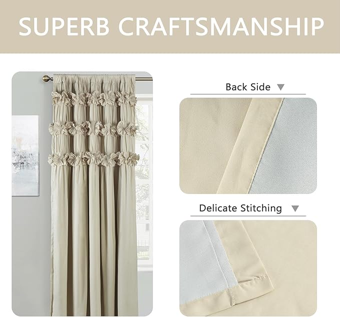 Camel Blackout Curtains with Handmade Ruffles, Butterfly Flower Embellishments - Image 6