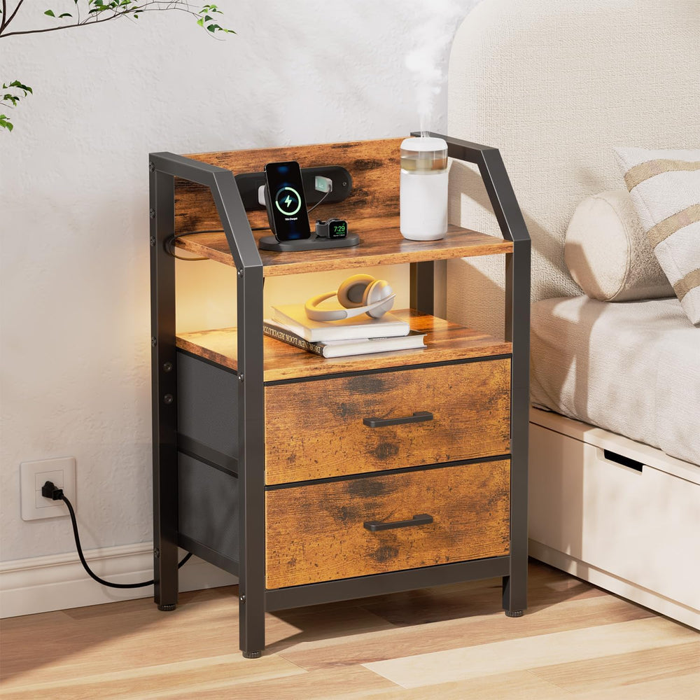 HLDIRECT Nightstand with Built-in Charging Station & Warm LED Light
