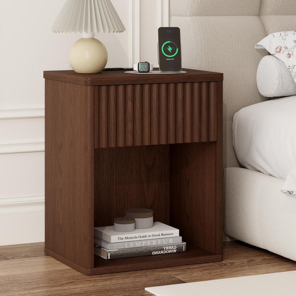Fluted Nightstands Set of 2 w/Charging Station, Wooden End Table Bed Side Tab...