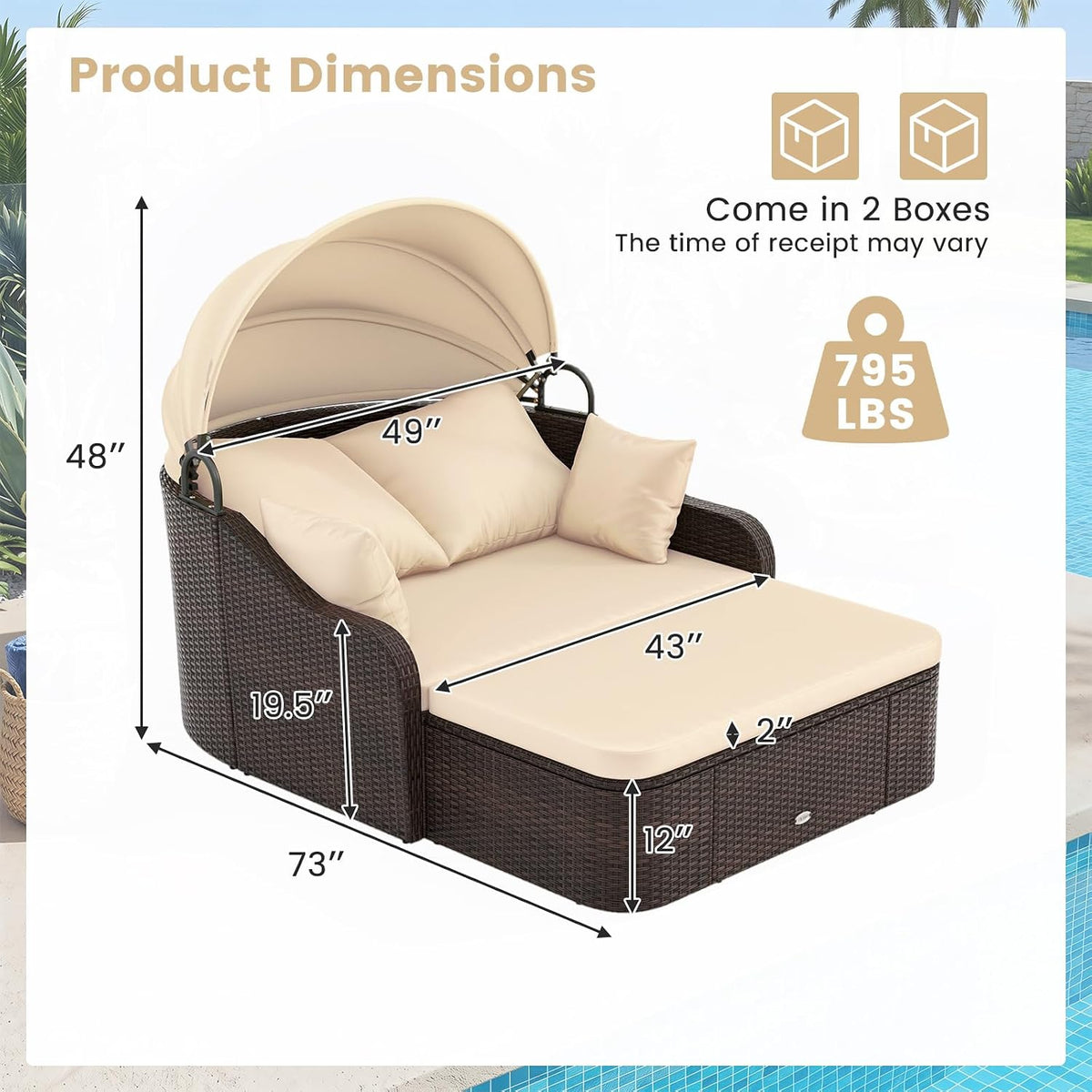 tangkula pe rattan patio daybed with retractable canopy, close-up detail