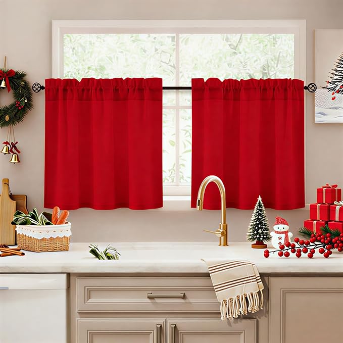 HOMEIDEAS Christmas Non-See-Through Red Privacy Sheer Kitchen Curtains 24 by HOMEIDEAS