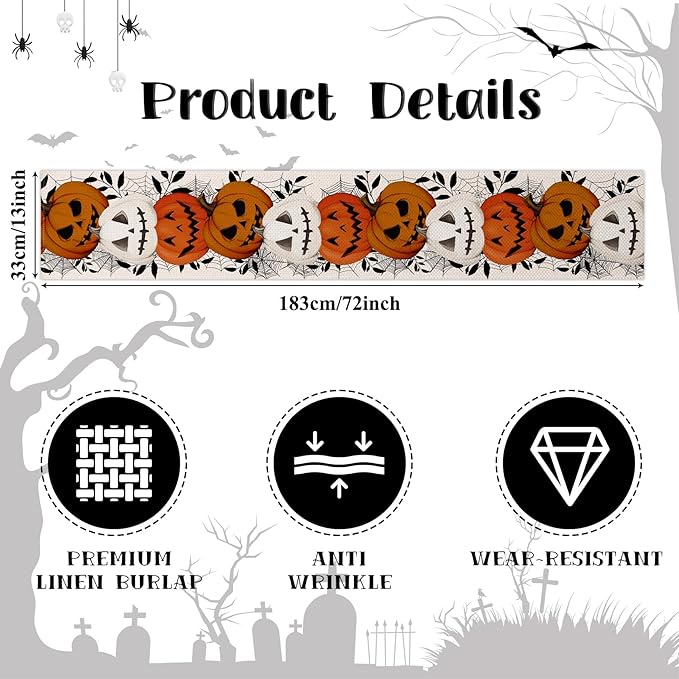 Happy Halloween Table Runner Pumpkin White Spider Web Fall Kitchen Dining Table - Image 6