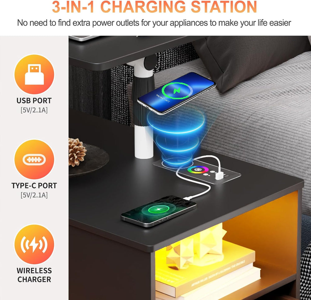 Nightstand with Adjustable Rotary Table,Charging Station(Black)