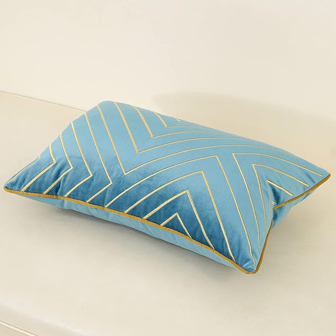 Avigers 12 x 20 Inch Grey Blue Gold Striped Geometric Lines Embroidery Velvet - Image 3