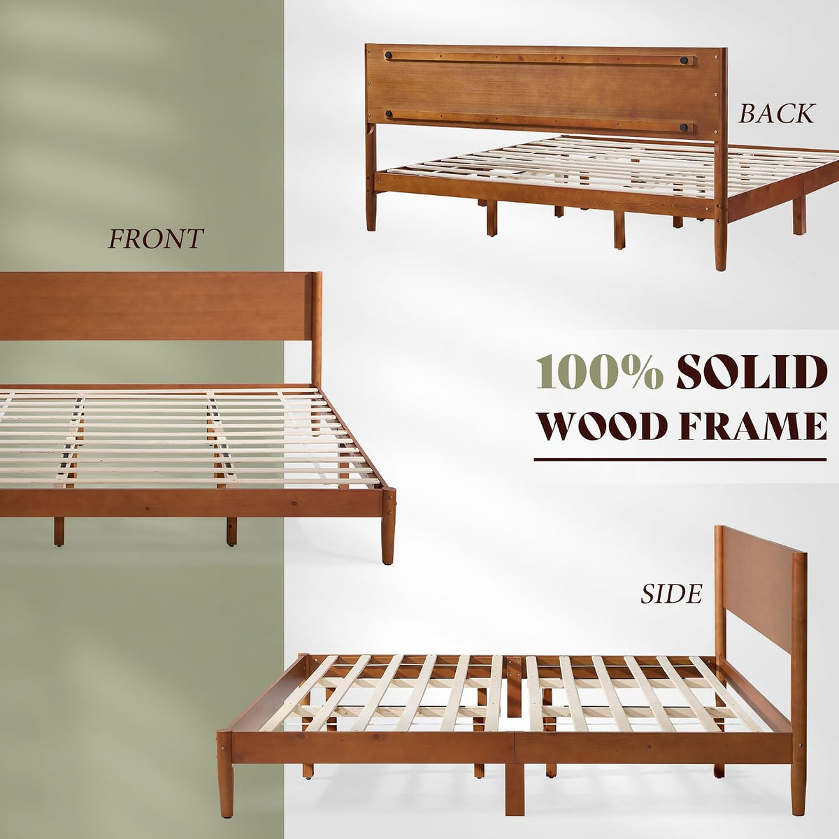 amerlife solid wood full bed frame, mid century, front angle view