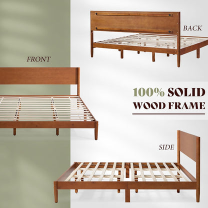 amerlife solid wood full bed frame, mid century, front angle view