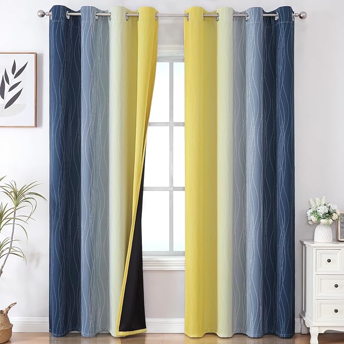 Estelar Textiler Navy Blue and Yellow Ombre Blackout Curtains 102 Inches Long by ESTELARTEXTILER