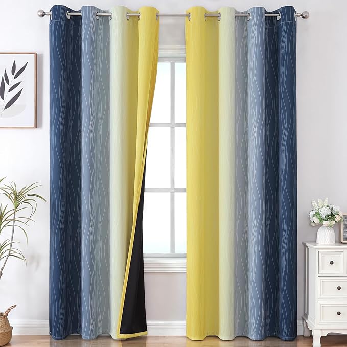 Estelar Textiler Navy Blue and Yellow Gradient Blackout Curtains by ESTELARTEXTILER